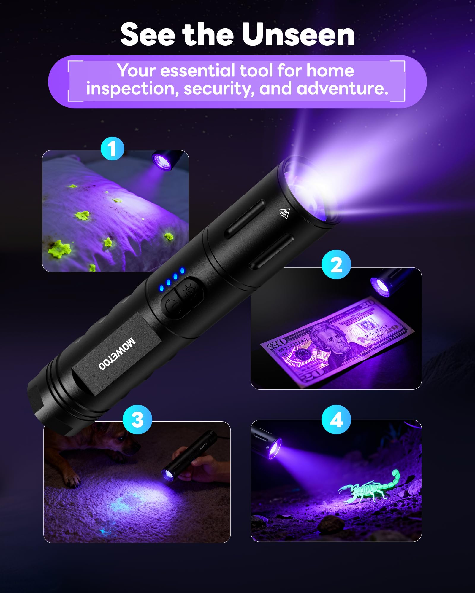 Amazon.com: MOWETOO UV Flashlight 395nm Rechargeable Black Light
