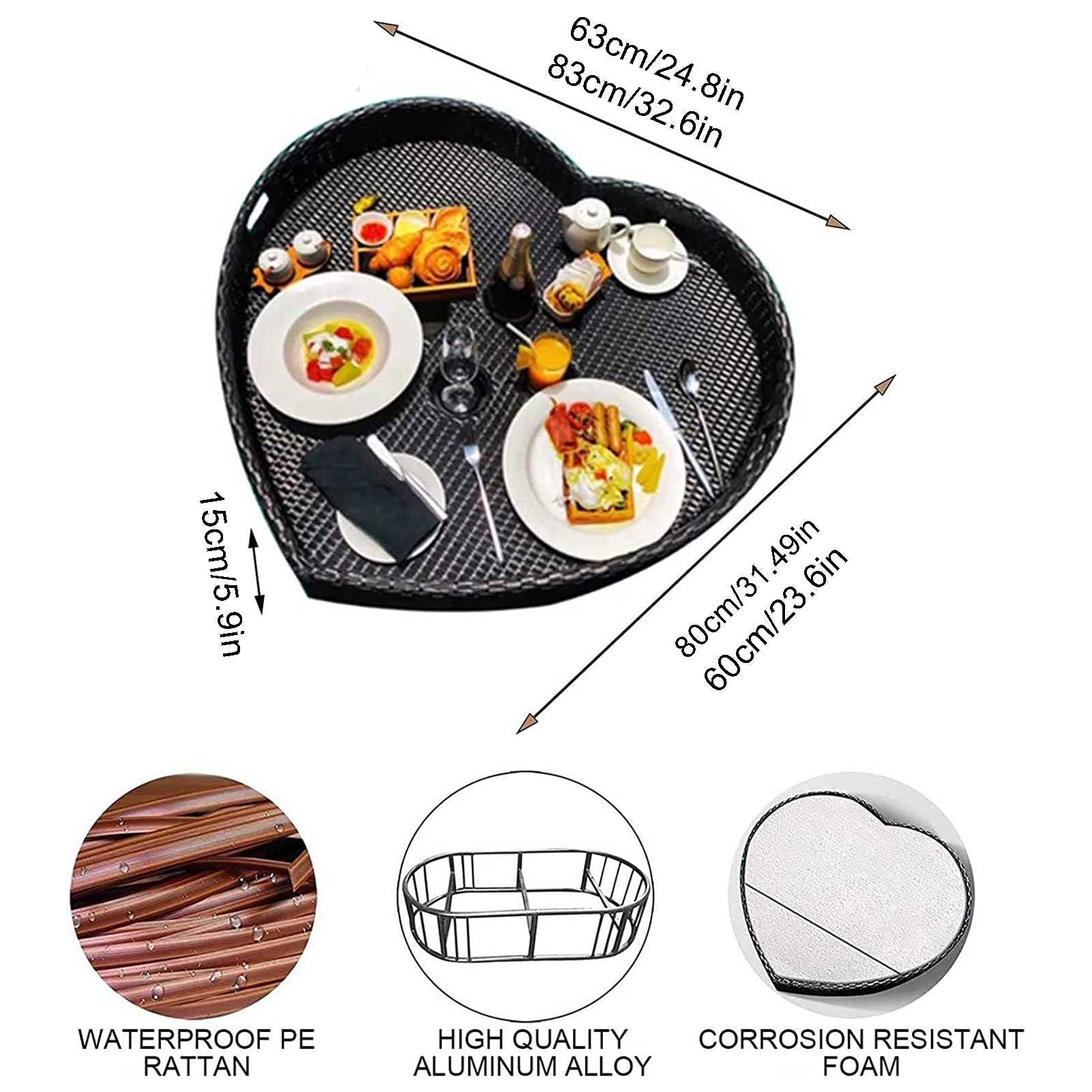 Plateau de Piscine Flottant en rotin, Table et Bar avec poignées, Plateau de Petit-déjeuner en Forme de cœur sur l'eau, flotteurs de Piscine pour Adultes