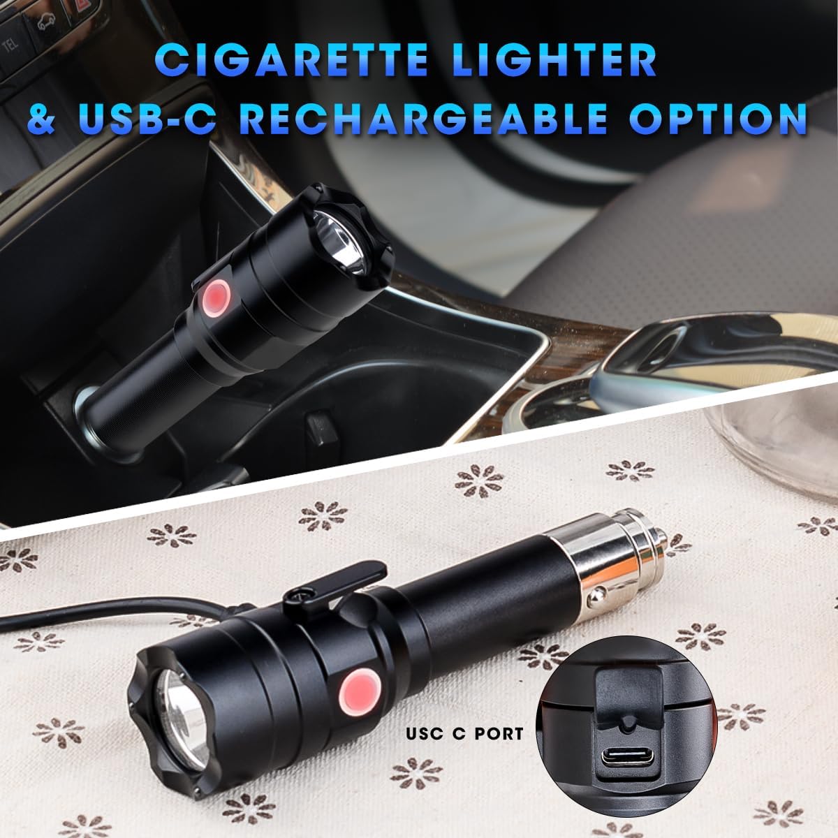 Small Flashlight Rechargeable with 12 Volt Car Cigarette Lighter & USB C for Auto Vehicles Emergency, Car Escape Tool, Outdoors, Daily Use