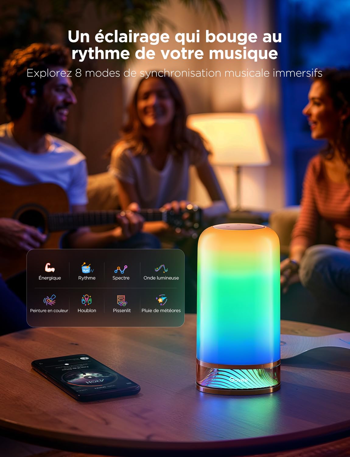 Govee Lampe de Chevet LED RGBICWW, Lampe de Table Tactile Dimmable 500lm | 70+ Modes Scène Colorés,Compatible avec Alexa Matter, 2700-6500K Réglable，Music Sync et DIY, Pour salon, chambre et fêtes