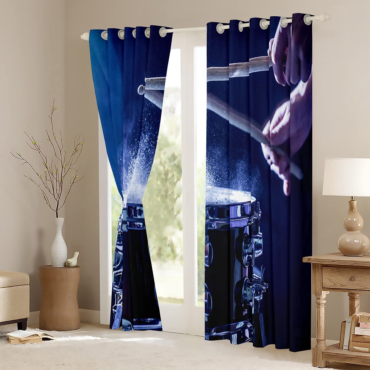 Rock Music Dreapes Drum Kit Tende per camera da letto soggiorno bambini ragazzi ragazze adolescenti strumenti musicali Tende oscuranti (30% -50%) Hip Hop Blue Window Trattamenti W52 x L90