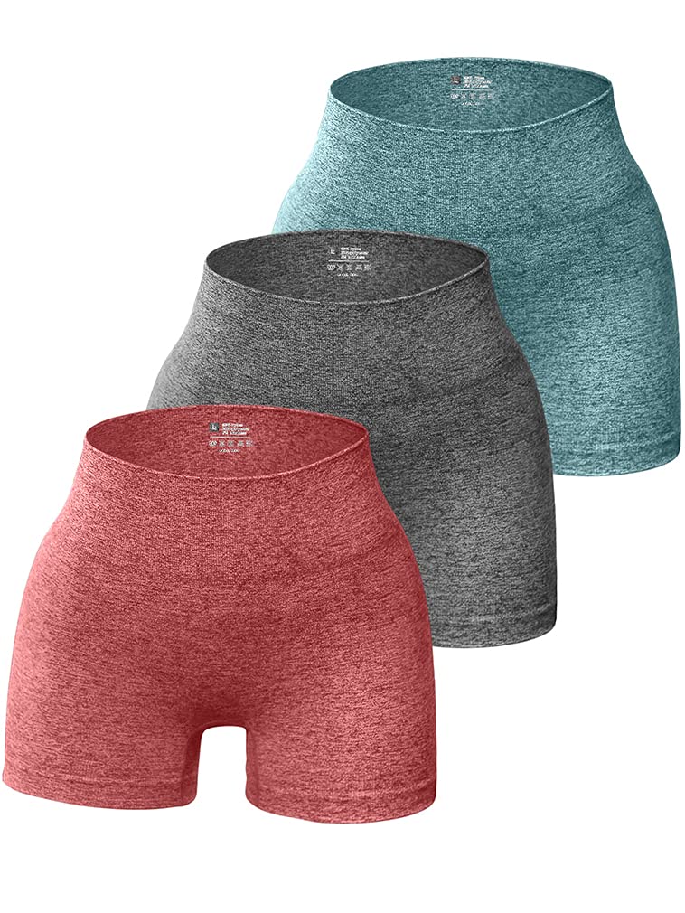 OQQ Women's 3 Piece Yoga Workout Athletic Seamless High Wasit Gym Legging Shorts, Darkgreen,grey,red, Large