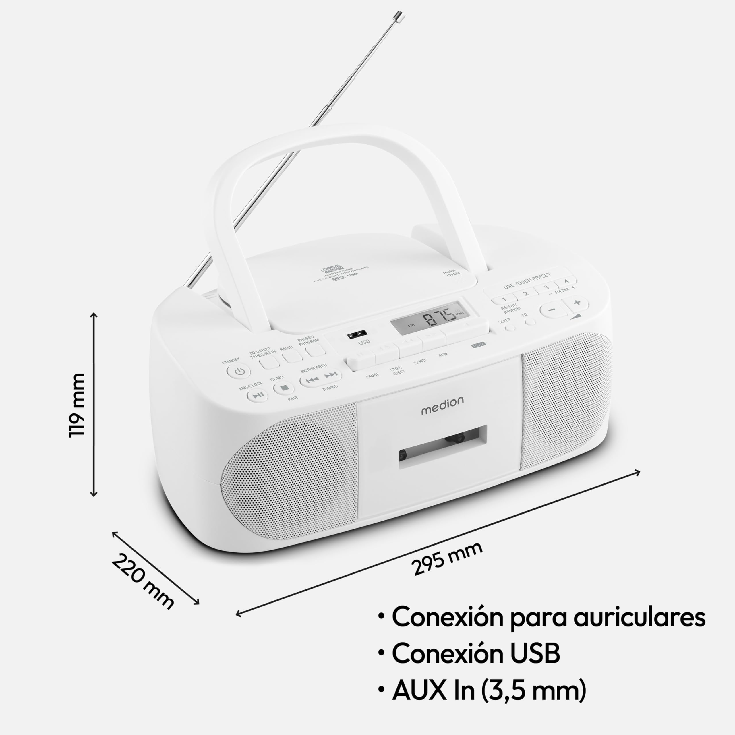 MEDION E65010 Radio estéreo (Reproductor de CD, Casete, conexión USB, Entrada de Audio AUX, reproducción de MP3, Radio FM PLL, Memoria de 40 emisoras, Funcionamiento con Pilas