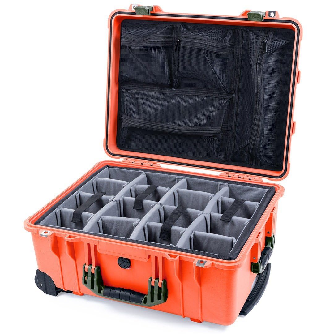 ColorCase Pelican Protector 1560 Case Orange - Waterproof Case with TrekPak Divider System & Mesh Lid Organizer - OD Green Handles & Latches
