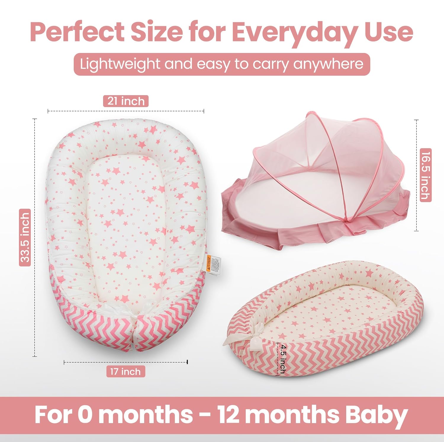 Baby Lounger for Newborn 0-24 Months, with Mosquito Net, Breathable & Soft Baby Nest, Portable & Lightweight (Pink)