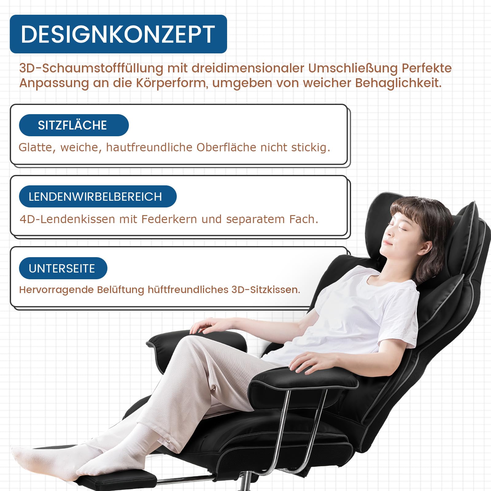 GTPLAYER Gaming Stuhl, Gamer Stuhl, Ergonomischer Bürostuhl mit Fußstütze, Kunstleder, Federsitzkissen, Gaming Chair Gepolstert, Gaming Sessel 180kg Belastbarkeit schwarz