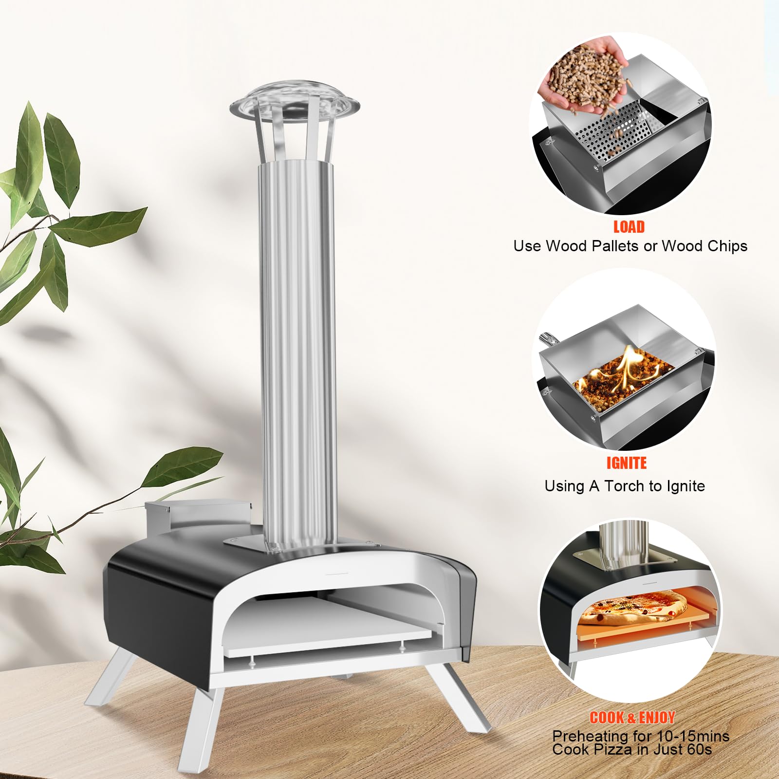 Garvee Zewnętrzny piec do pizzy ze stali nierdzewnej, 30 cm, z granulatem drzewnym i kamieniem do pizzy, przenośny piec do pizzy opalany drewnem, na kemping, imprezy i podwórko (czarny)
