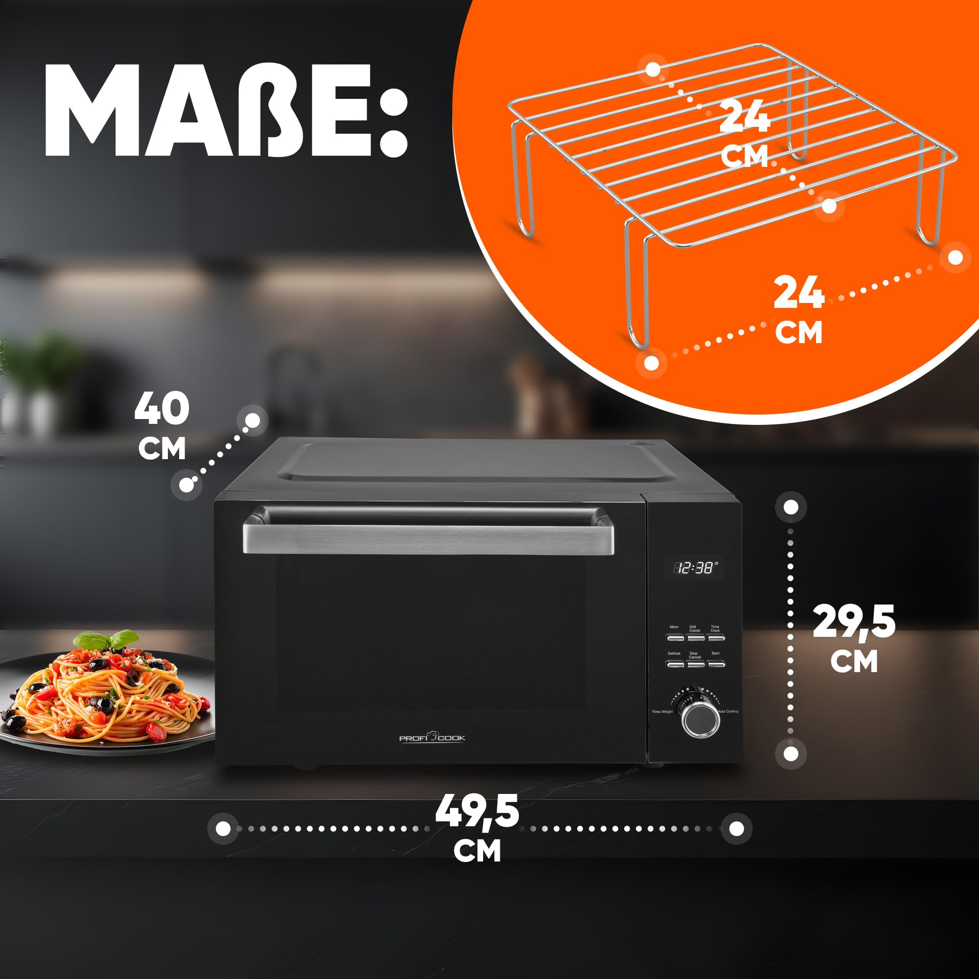 ProfiCook® Mikrowelle mit Grill | 23L | ohne Drehteller | vertikalöffnende Tür | 1000 Watt Grillleistung | auch für eckige Teller | Mikrowellengerät | Mikrowelle ohne Drehteller | PC-MWG 1204