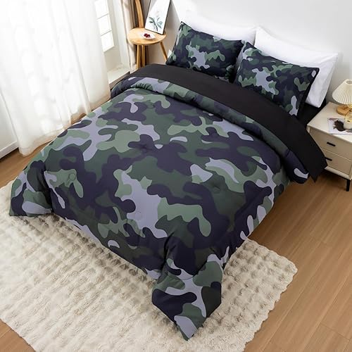 Vista 12 de Meeting Story Juego de ropa de cama de camuflaje, juego de edredón estilo patrón colorido, 5 piezas, un edredón, dos fundas de almohada, dos sábanas