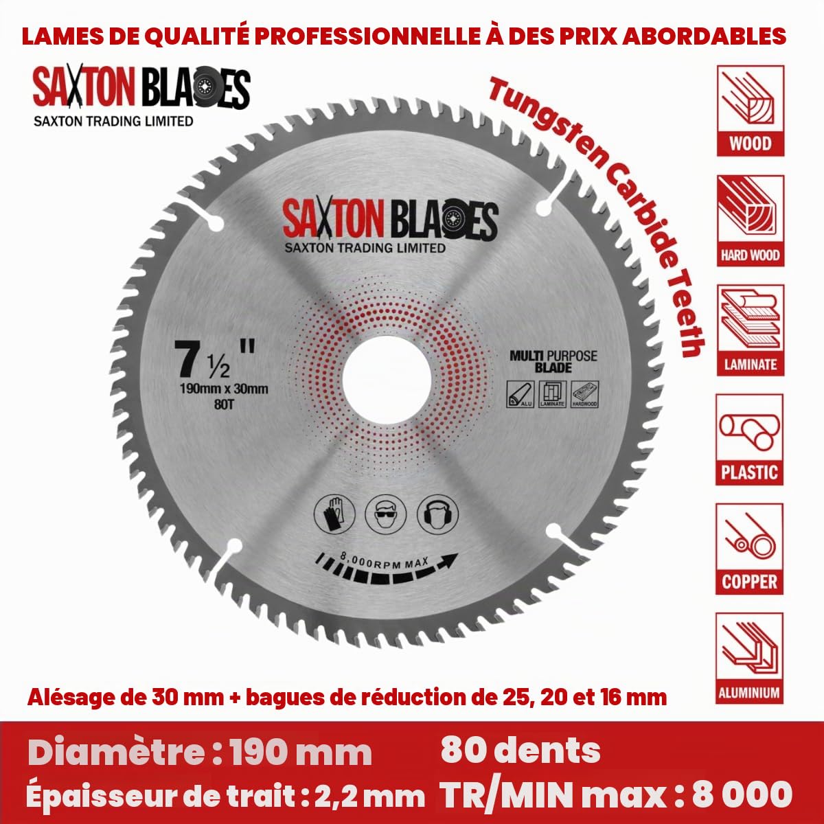 TCT19080TTCG Saxton TCT lame de scie circulaire 190 mm x 80 dents x 30 mm alésage (16, 20 et 25,4 mm bague) aluminium stratifié bois dur