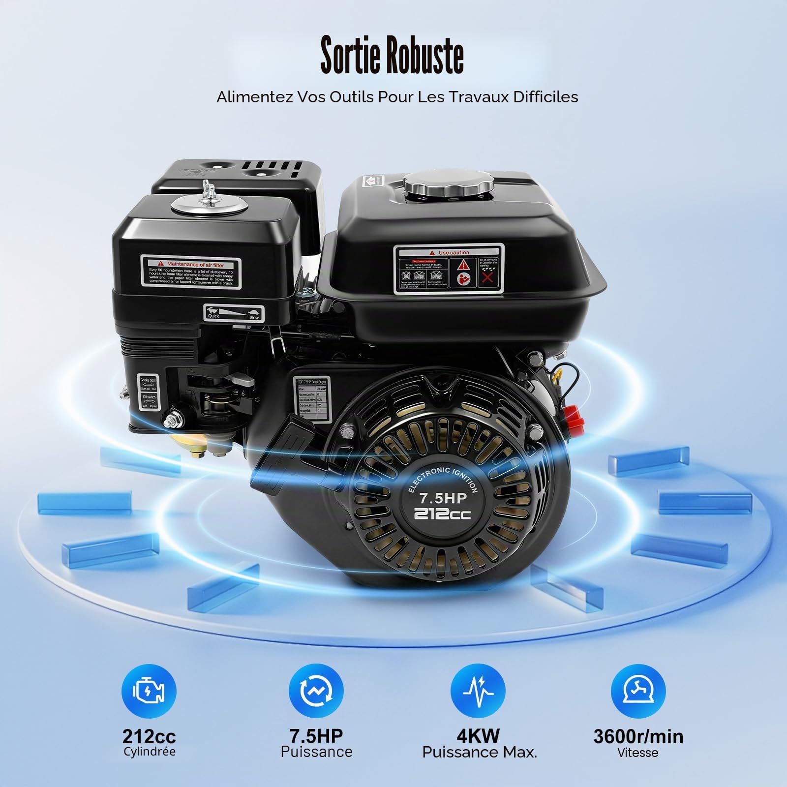 Moteur à Essence 4 Temps 7,5 CV, Moteur Thermique 212cc OHV Monocylindre avec Arbre de 20 mm de Diamètre et Alarme d'Huile - Moteur Industriel 3600 tr/min