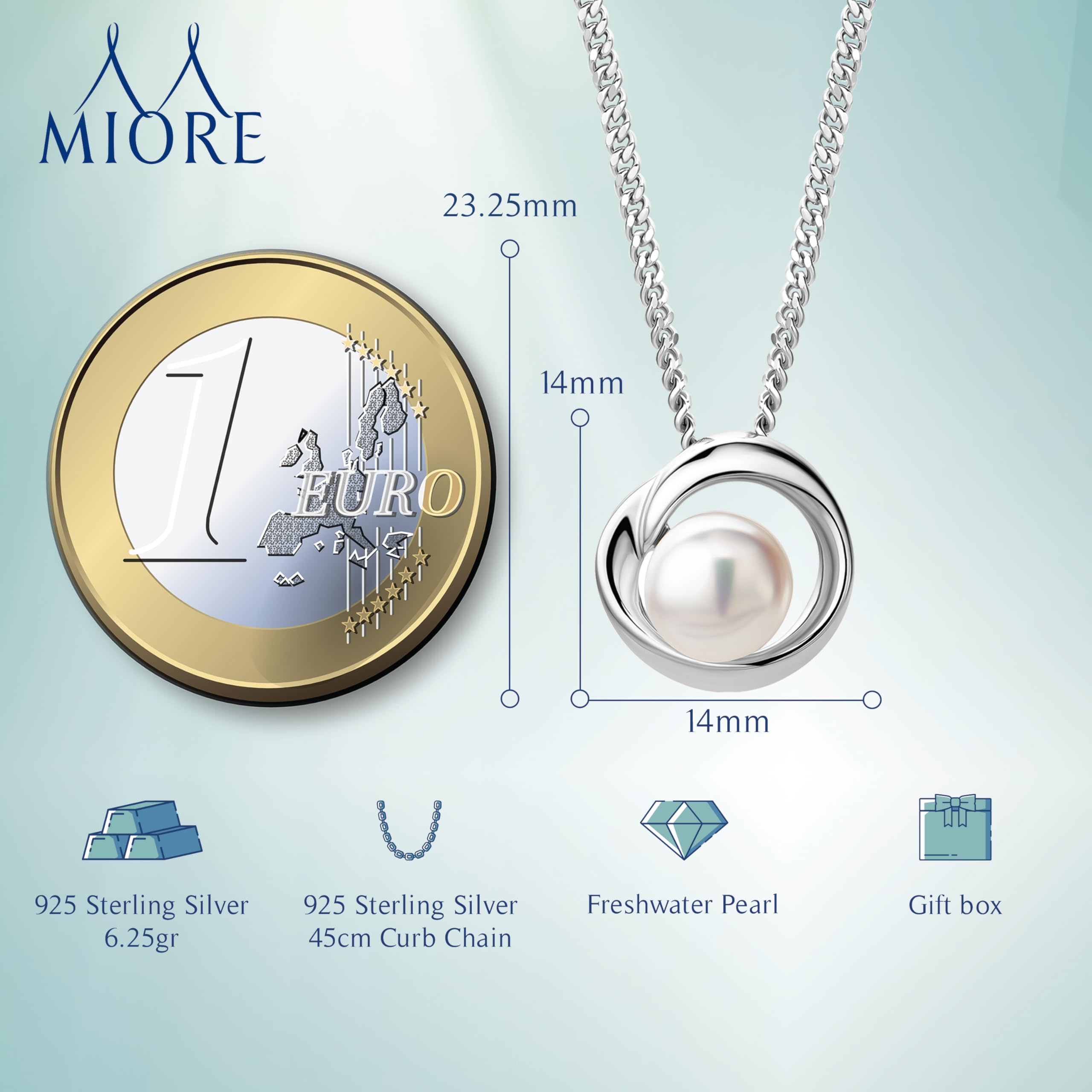 MIORE Schmuck Damen, 925 Silber/ 18K Vergoldet, Perlenkette Damen, Silberkette mit Perlen Anhänger, Panzerkette 45cm, Kettenanhänger Weiße Süßwasserperle, Perlenschmuck in hochwertiger Schmuckbox