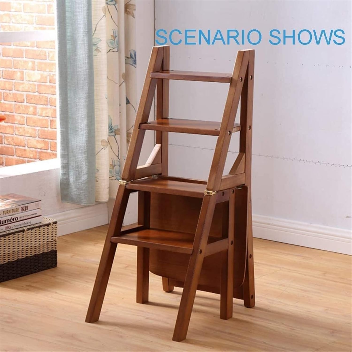 Oak Dual-Use Climb Storage Shelf, Easy to Store Non-Slip Multi-Function Library Bedroom Living Room Wooden 4-Step Ladder Stepladder