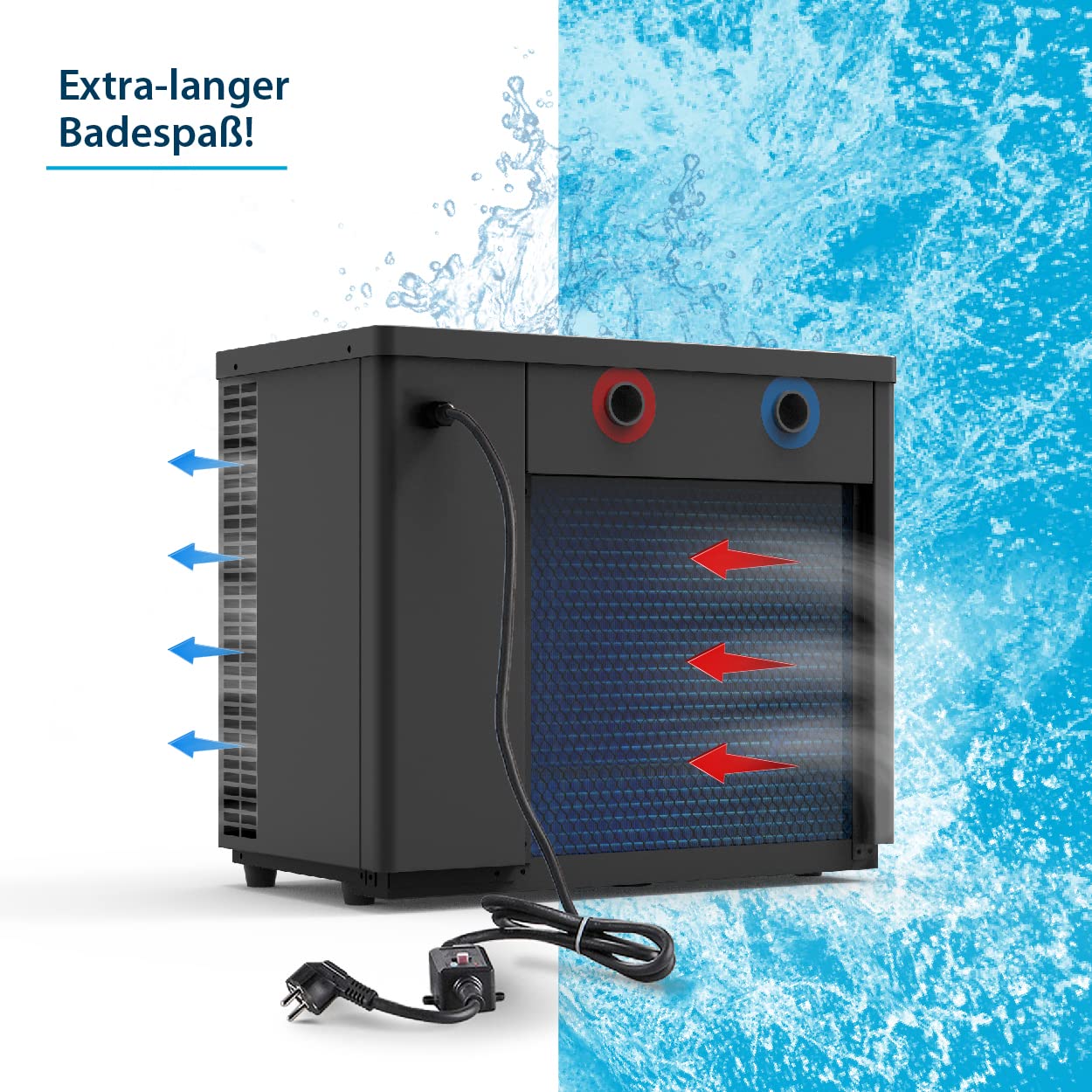 AquaForte Aquamini Wärmepumpe 5,6 kw, Ideal für Ihr Aufstellbecken, Temperatur 10-43˚C, 6,5 AMP, Leistungsaufnahme kW 0,85, geeignet für Becken zwischen 5 - 20 m³, 36 kg, 703 x 330 x 490 mm.
