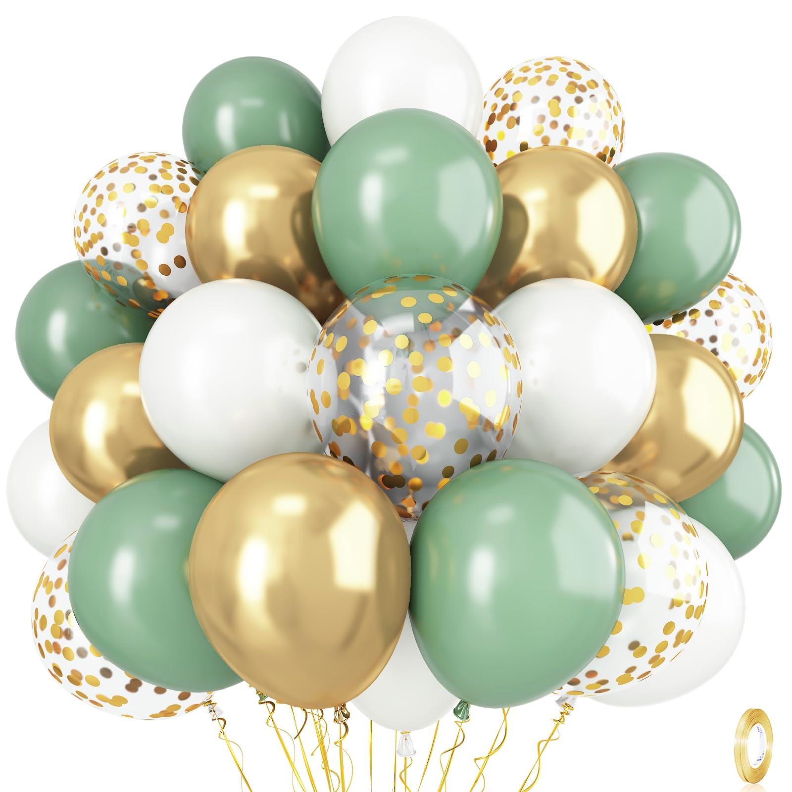 Sage Green and Gold Balloons - 12 Inch Olive Green, White Metallic Gold Confetti Latex Balloons Set for Girls Women Birthday Wedding Jungle Baby Shower Party Decorations