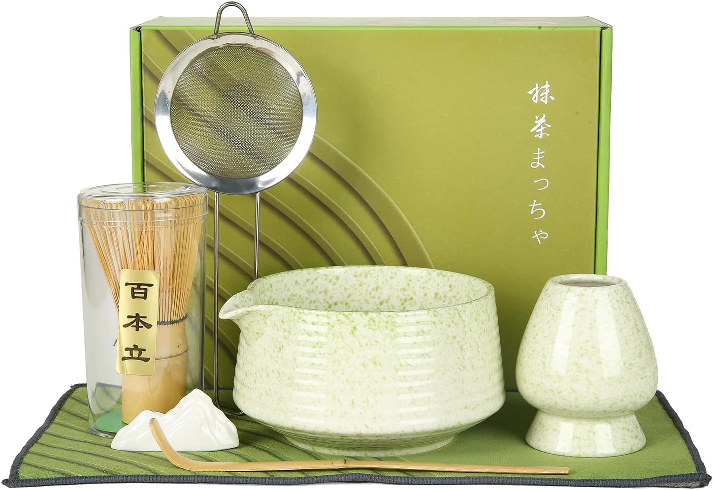 Matcha Whisk Set, Ceramic Matcha Bowl with Spout, Bamboo Whisk, Scoop, Sifter, Holder, Tea Towel, 7-Piece Matcha Kit Set for Making Breakfast/Latte, Square Green, Large, Fusion Style
