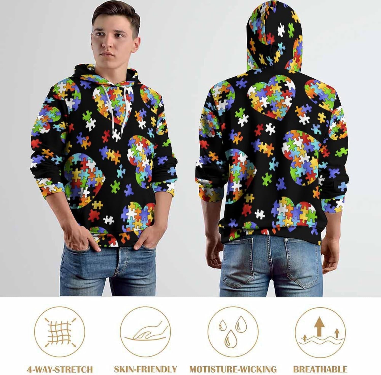 Colorful Autism Awareness Puzzle Pieces Heart Unisex Hoodie Printed Graphic Fleece Pocket Pullover Sweatshirt