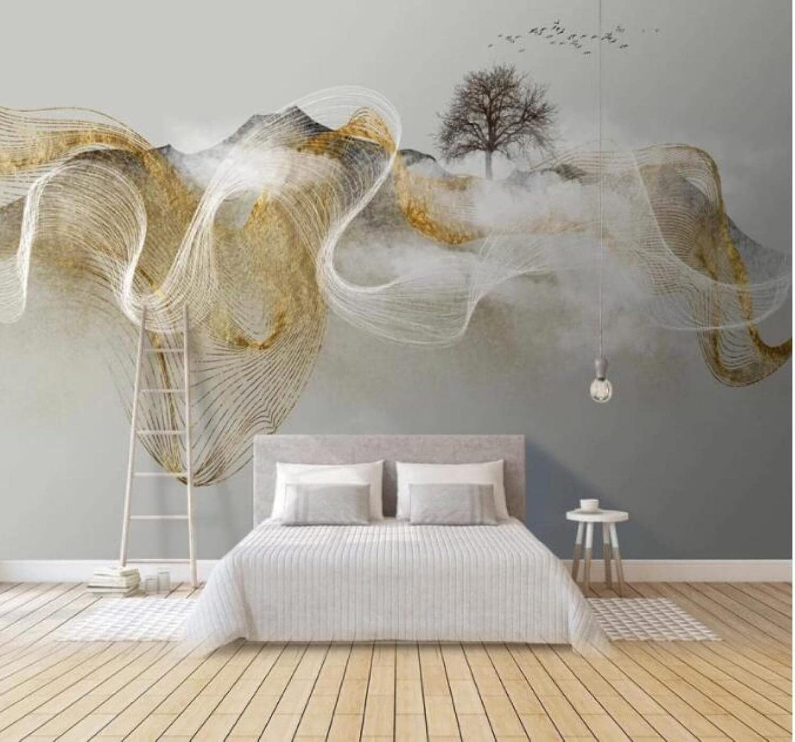 XLMING Hand Painted Abstract Mist Trees Landscape 3D Wallpaper Luxury Silk Study Dining Feature Sofa Grey Bedroom Living Room Tv Decorative Wall-200cm×140cm