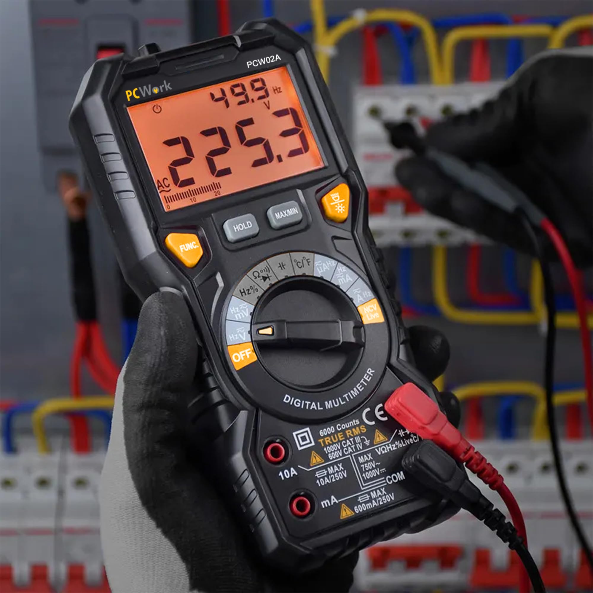 Multimetro digitale professionale PCW02A, multimetro 1000 V, TRUE RMS, grande display LCD, range auto, prese LED illuminate, misuratore di corrente, tester di continuità, misuratore di capacità