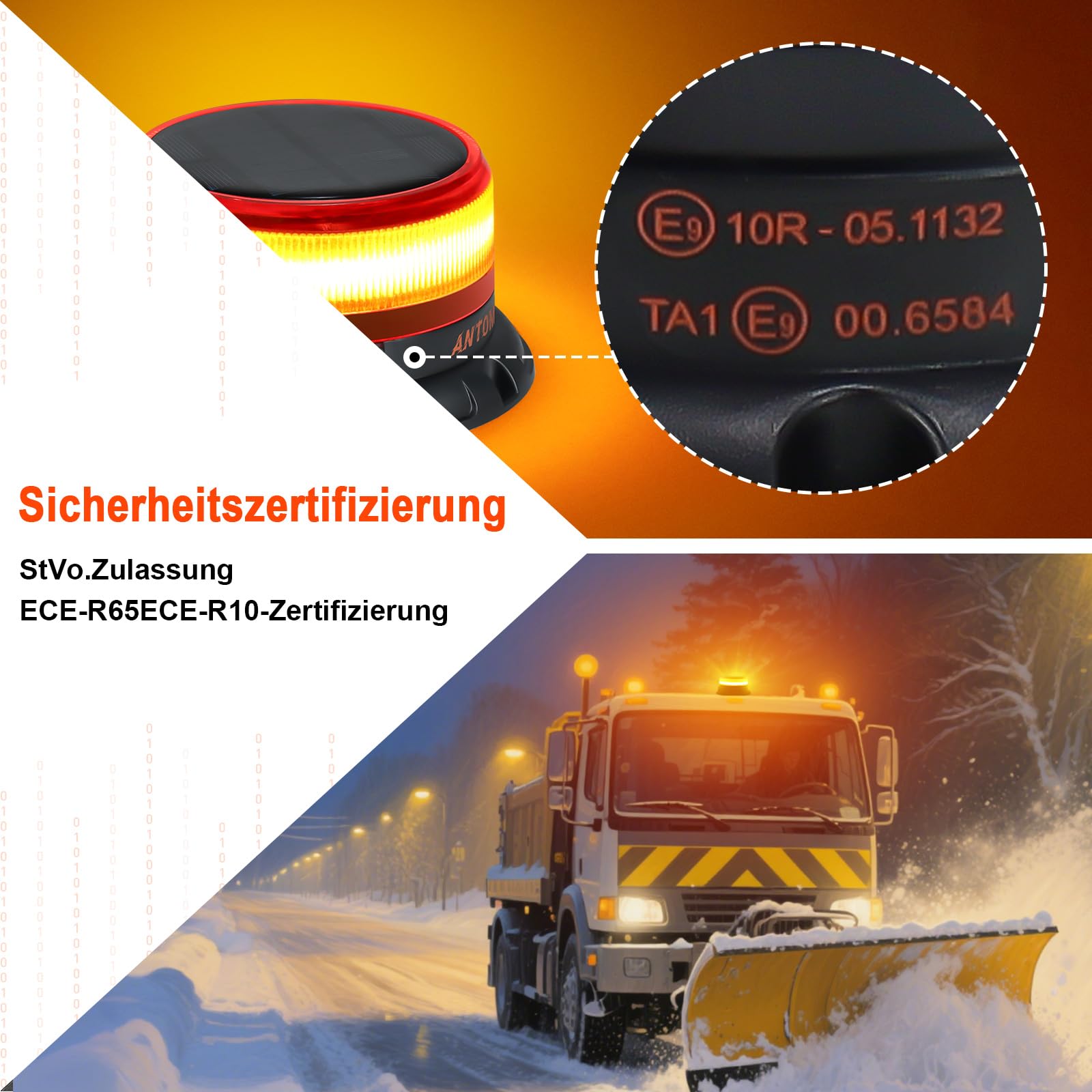 AnTom Rundumleuchte Akku Solarenergie mit 9 Blitzmustern, 12V 24V Gelb Warnleuchte LED Magnet mit Kabel und USB-Kabel für Auto, LKW, Traktor, Golfwagen, SUV，Notfallfahrzeuge und Baustellen