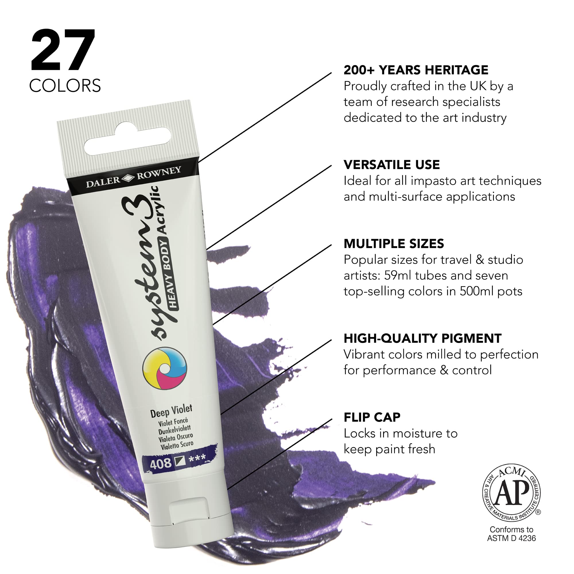 Daler Rowney System 3 Acrylic Paint Deep Violet 500ml | Rapid Electronics - View #6