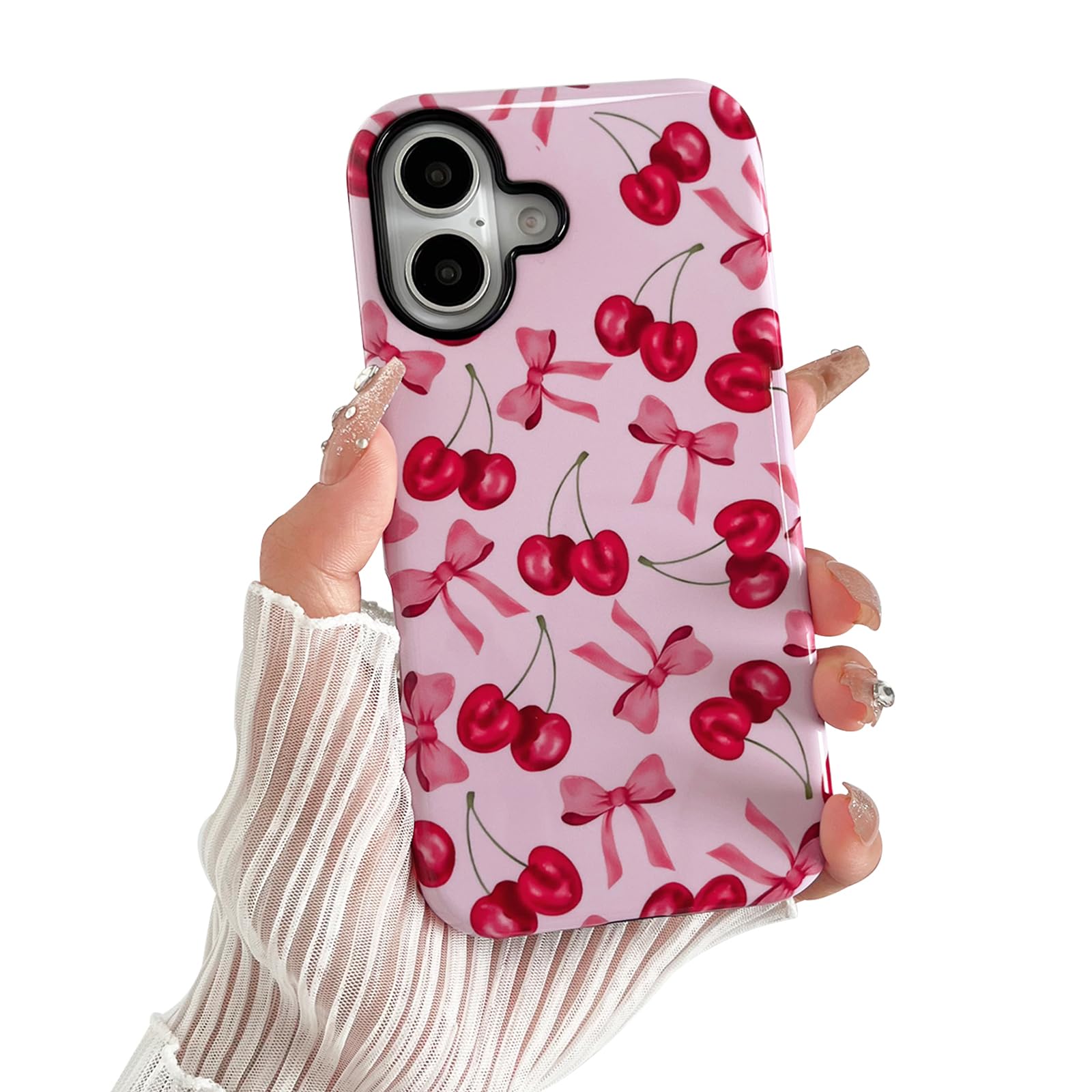 Compatible with iPhone 16 Case,Cute Pink Cherry Bow Pattern with Shockproof Slim Soft TPU and Hard PC Protective Cover for Women Designed for iPhone 16 Case (Glossy)