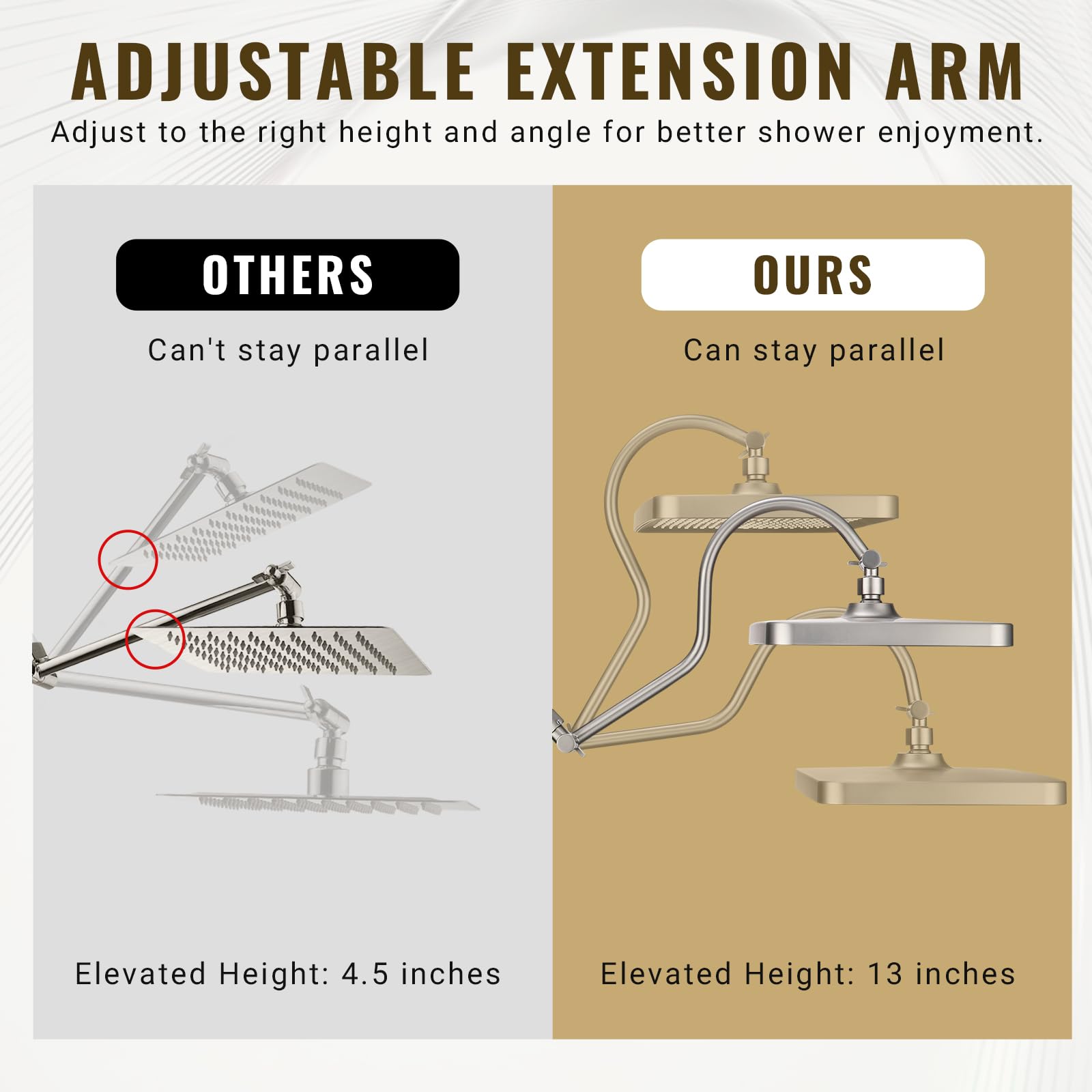 Cabezales de ducha de 13 pulgadas con pulverizador de mano multifunción, desviador extendido de metal de 3 vías con soporte y brazo de extensión de ducha curvado ajustable de metal,