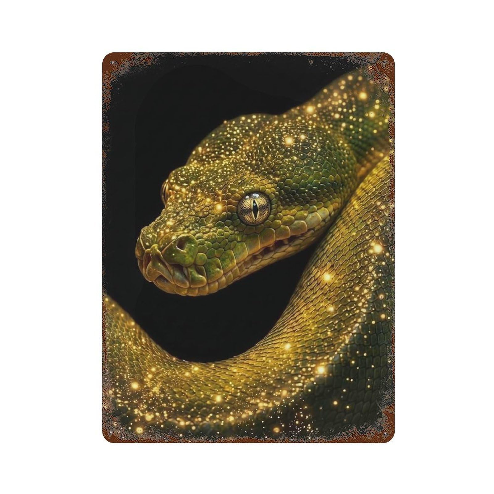 Green Snake with Golden Sparkles 15.7"x11.8" Vintage Rust Metal Sign, Classic Wall Plaque for Pub, Kitchen And Man Cave Decor