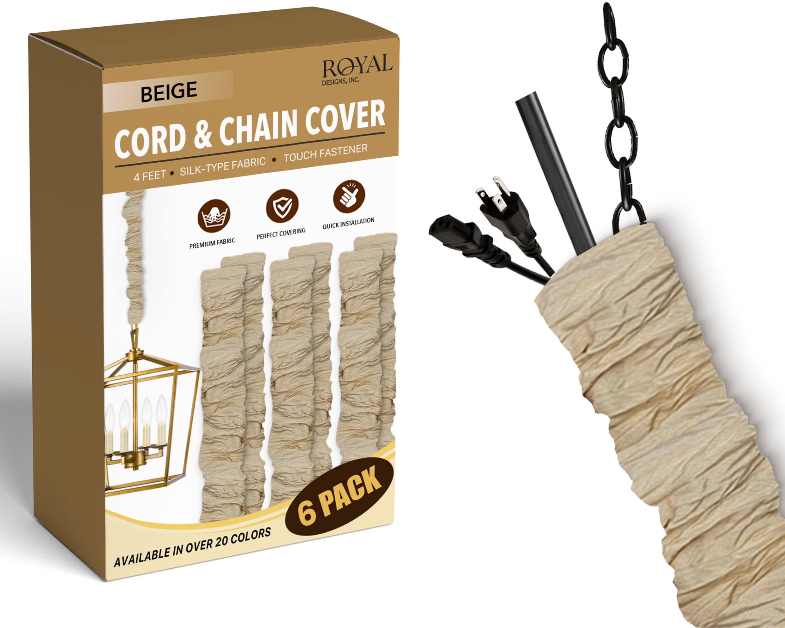 Royal Designs, Inc. Cord &amp; Chain Cover 4 ft Silk Type Fabric, Chandelier Pendant Lighting Chain &amp; Cable Management, Touch Fastener, Beige - 6 Pack