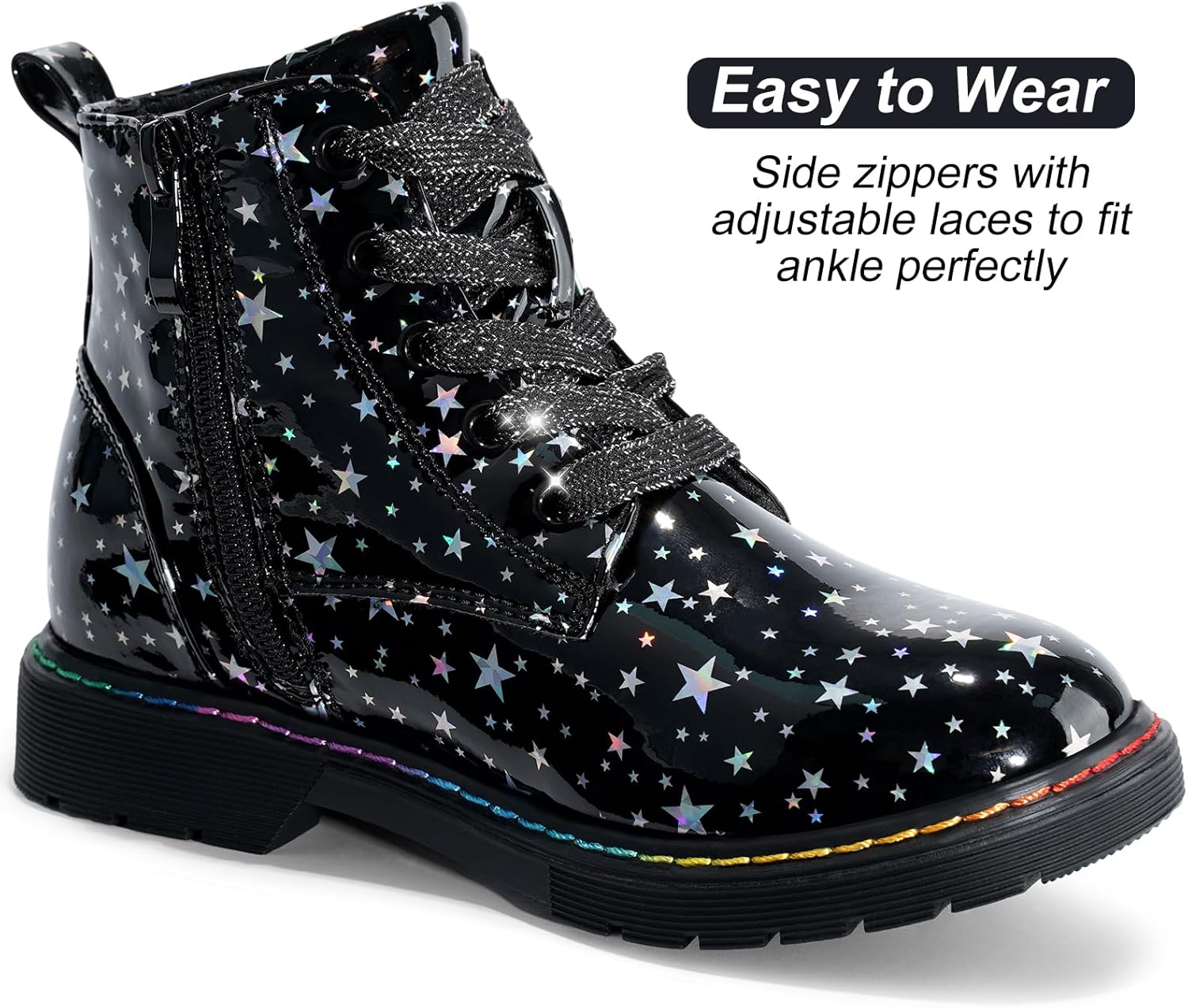 Dodow Girls Ankle Boots Glitter Combat Booties Zipper Lace Up Winter Dress Boots for Little Kid Big Kid - Image 3