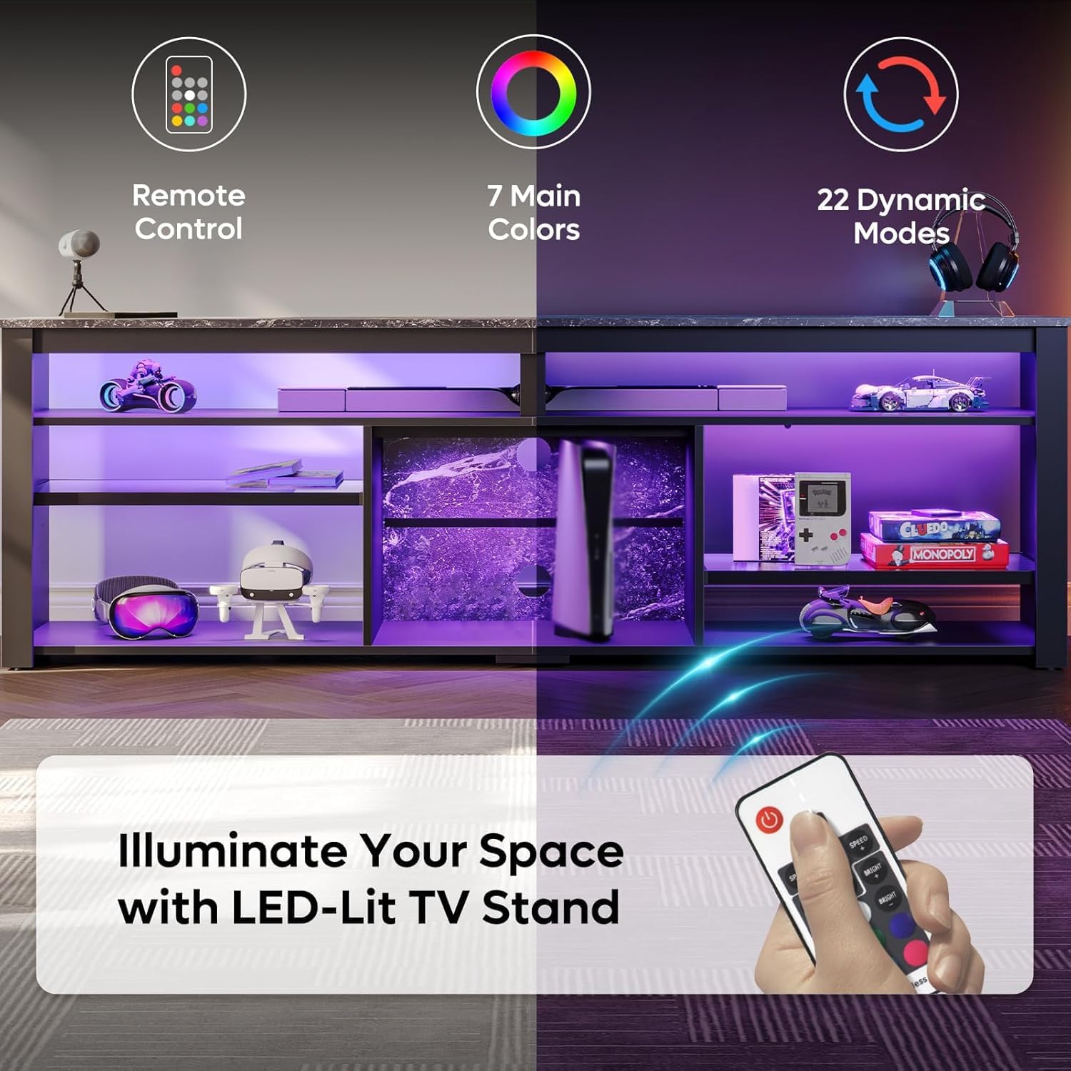 Bestier Tall LED TV Stand for 70/75/80 inch TV, Modern Black Marble Entertainment Center with Storage for PS5, Gaming Console for Living Room & Bedroom - Image 4