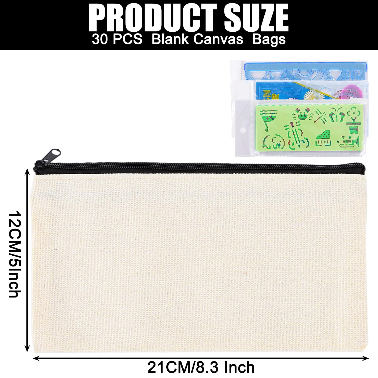 WOPPLXY 30PCS Blank Canvas Pencil Case, Fabric Pencil Case with Zipper, Canvas Zipper Pouch with for Painting, DIY, Makeup Cosmetic, School and Office - with doodle templates set of 6 - Image 2