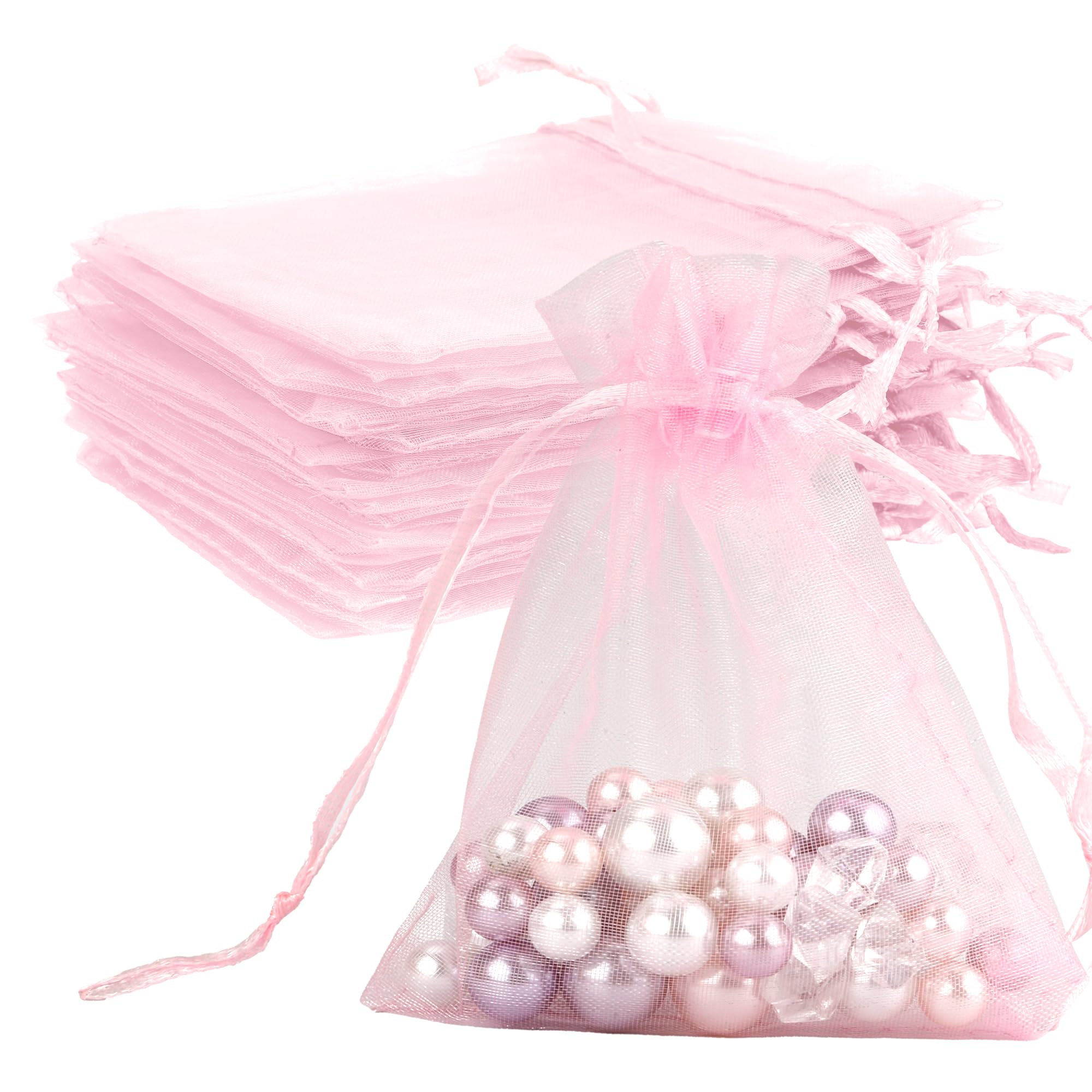 Organza Bags - 50Pcs Pink Sheer 4 x 6 Inch Jewelry Gift Pouches With Drawstring - Party Favor Mesh Mini Candy Bags for Wedding Valentine's Day