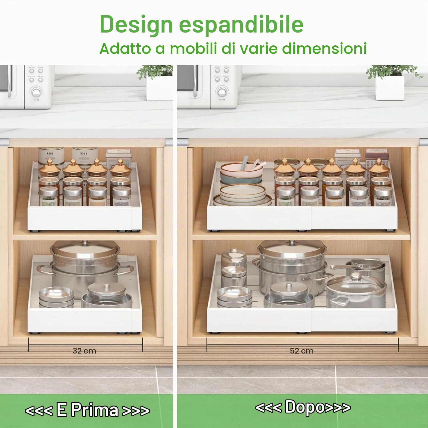 NEWFUN Cassetti Estraibili Per Cucina，Cassetto Estraibile Per Dispensa，Larghezza Regolabile Da 32 a 53 CM Con Guida Autoadesiva Silenziosa,Non Richiede Forature Né Chiodi，Set Da 2 Organizer