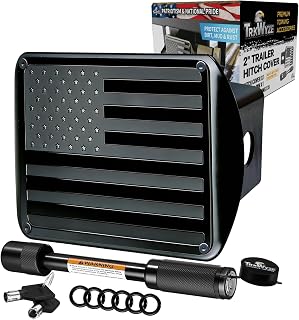 TrkWyze Blacked-Out American Flag Hitch Cover for 2" Receiver - Riveted Aluminum Plate, Heavy-Duty Steel, Car Wash Safe, Locking Pin Included
