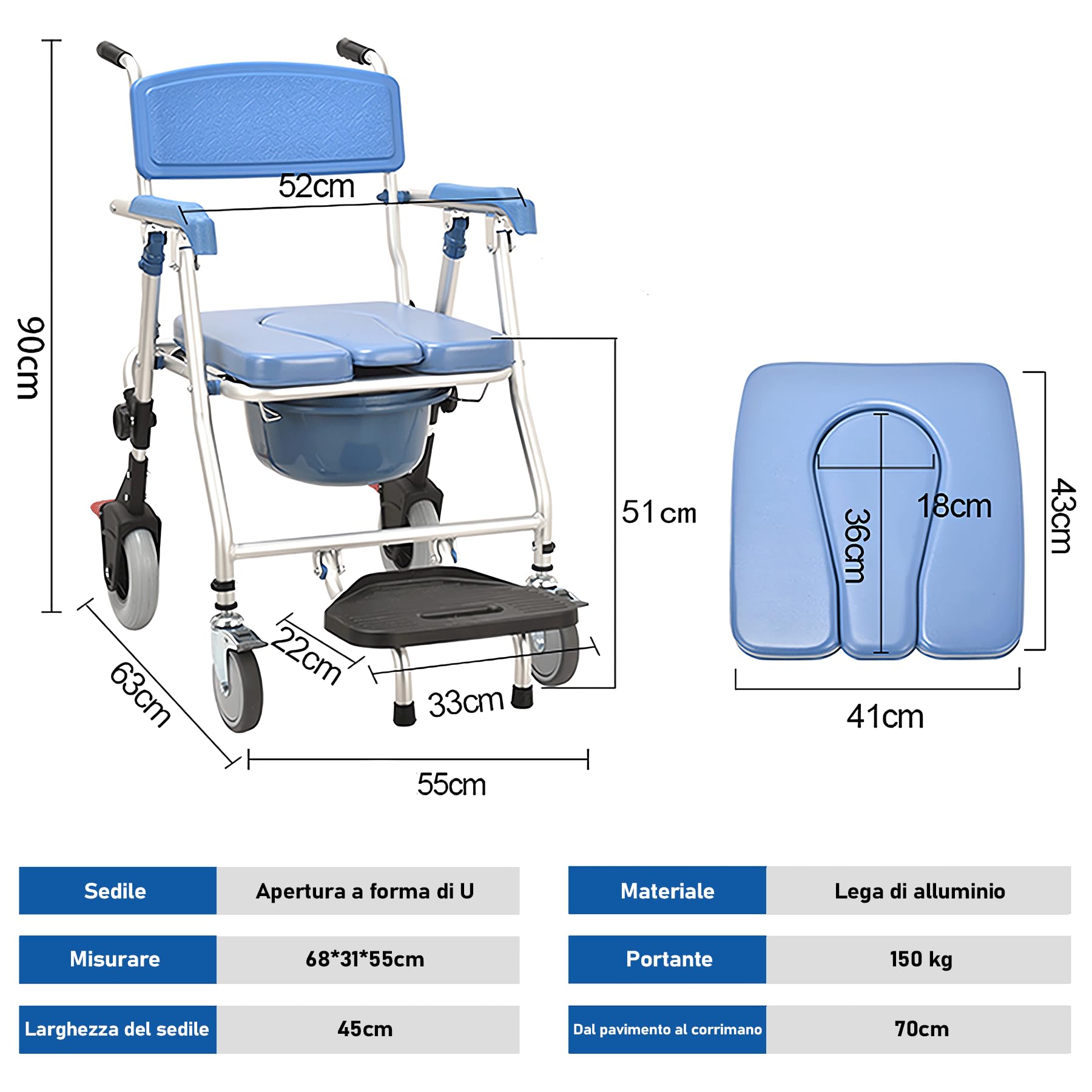 Sedia da Doccia con Rotelle per Anziani e Disabili, Sedia per WC con Rotelle Pieghevole, Sedile da Bagno - 4 Ruote con Freni, Ridurre L'attività per Evitare Lesioni, Carico 150 kg