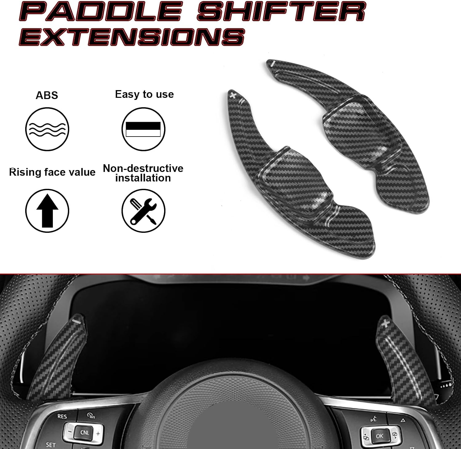 x xotic tech Carbon Fiber Pattern Paddle Shifter Extensions Cover Trim Compatible with Volkswagen MK6 Golf/GTI 2009-2014, CC 2008-2017, Jetta 2011-2017, Beetle 2013-2015