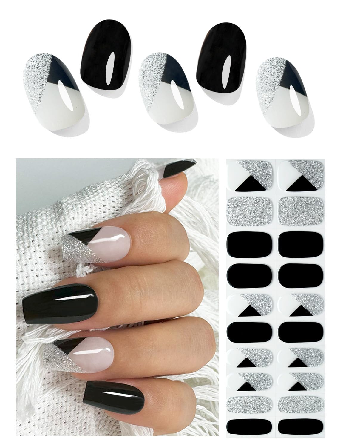 Wahrshei Pegatinas de Gel | Purpurina Negra Francesa Pegatinas Uñas Gel | 20 Pcs Gel Semicurado de Pegatinas | Adhesivos para Uñas de Gel, Envolturas de Esmalte de Gel para Uñas