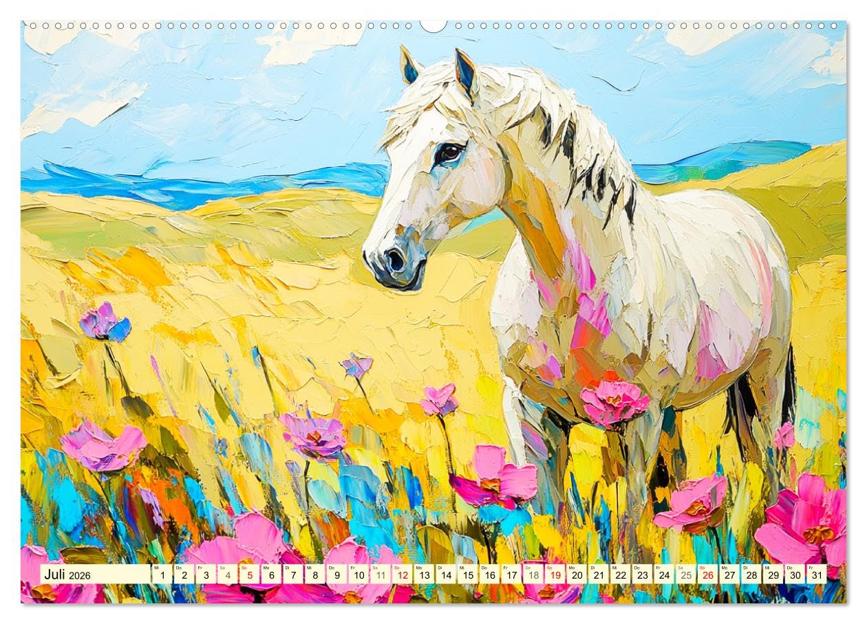 Die Eleganz der Pferde. Poesie im Ölgemälde-Stil (hochwertiger Premium Wandkalender 2026 DIN A2 quer), Kunstdruck in Hochglanz: Die Anmut und Kraft ... Ölgemälde-Stil (CALVENDO Tiere)