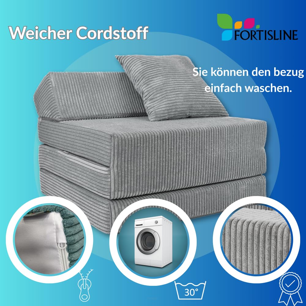 FORTISLINE - Klappmatratze 200x70x10cm mit Kopfteil & Kissen – Gästebett ausklappbar für Kinderzimmer & Camping Matratze Schaumstoff – Faltmatratze tragbar – Faltbare Matratze aus Cord – Beige
