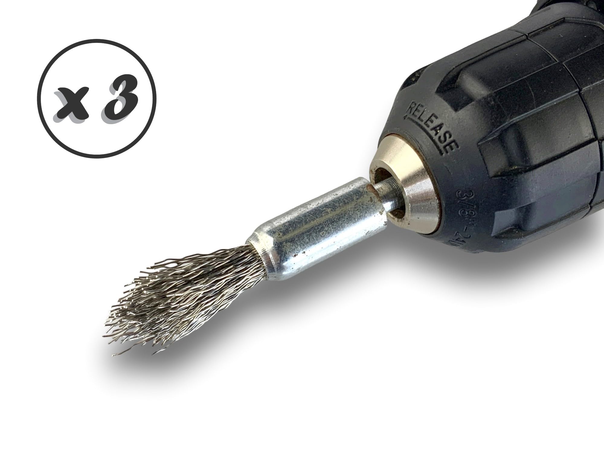 KIBROS 20TC12Px3 zestaw 3 szczotek drucianych ze spiczastym końcem na trzonku | Ø 12 mm | twarda stal nierdzewna 0,40 mm | kształt końcówki | do wiertarki lub wiertarko-wkrętarki | szczotkowanie i