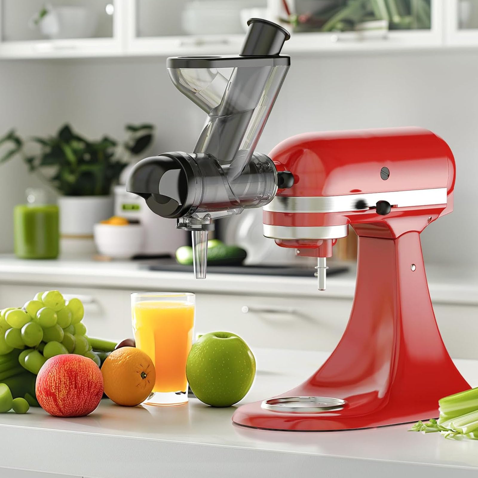 Masticating Juicer Attachment with Double Feed Chutes and Pusher for Efficient Vegetable and Fruit Juices Cold Press Juicer Attachment
