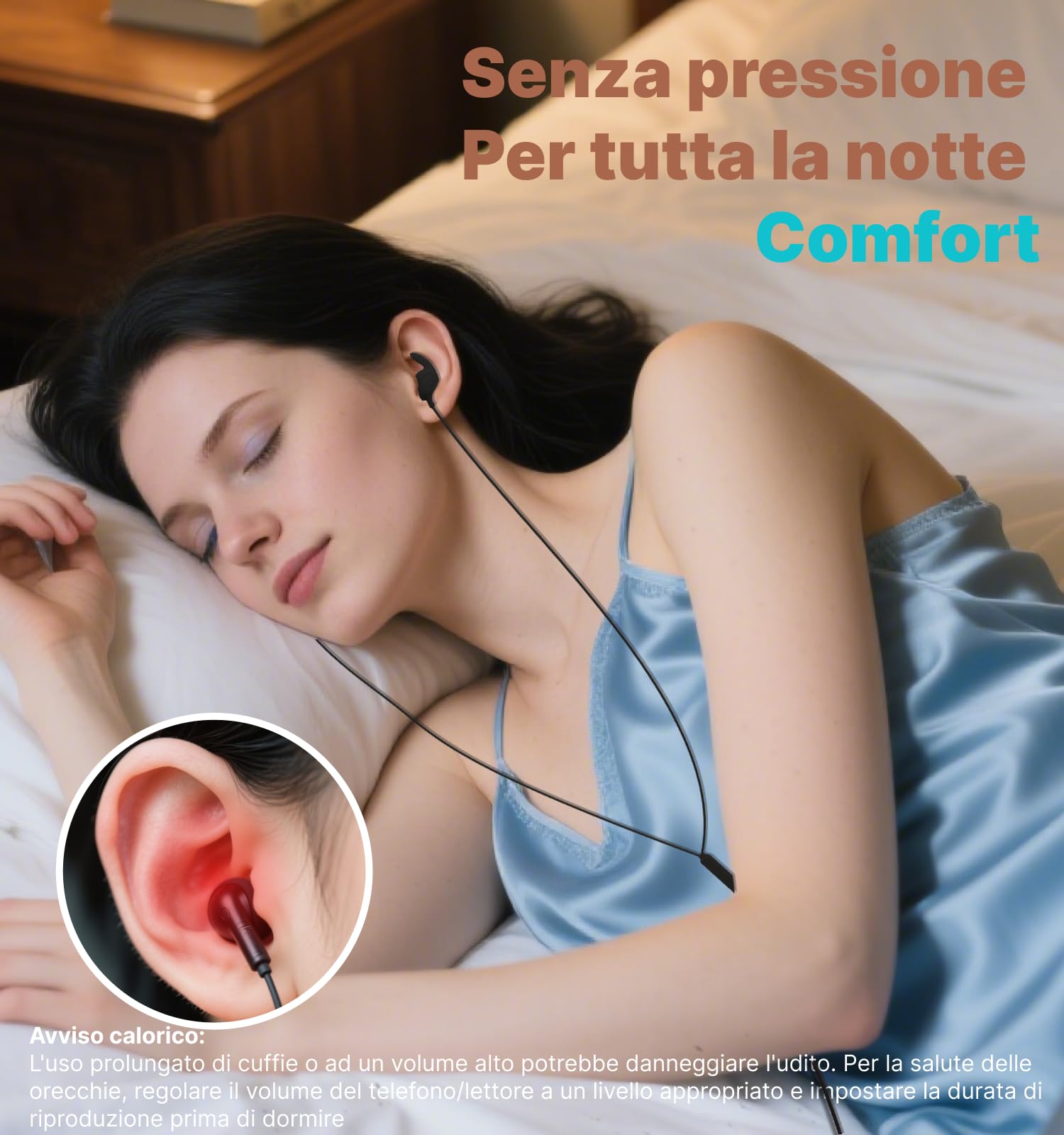 Hmusic Auricolari per Dormire, Silicone morbido e comodo, Isolamento Acustico 30 dB, Cuffie con filo USB-C e microfono, Design piatto per dormire di lato, Viaggio, Meditazione(Nero)