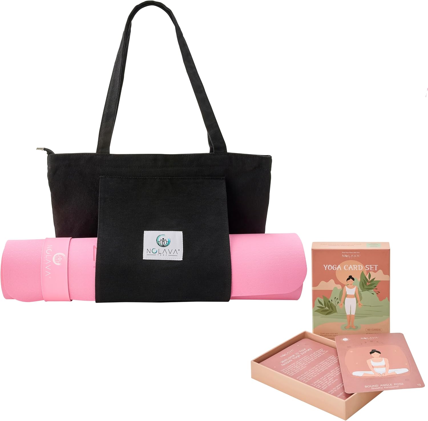 NOLAVA Yoga Gift Set – Beginner Yoga Cards (4"x6") + Pink TPE Eco Friendly Yoga Mat with Tote Bag – Original Pose Deck with 30 Poses, Intention & Meditation Cards – Non-Slip Exercise Mat for Women Inc