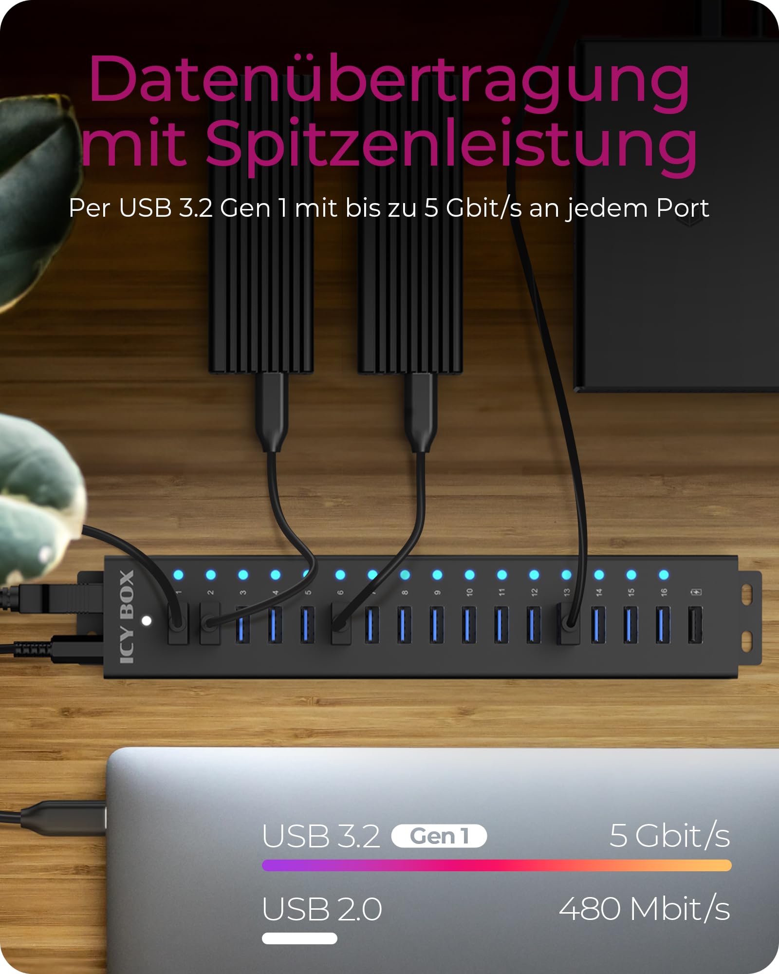 ICY BOX USB HUB (17 Ports) 16x USB & 1x USB Laden, USB 3.2 Gen 1 (5 Gbit/s pro Port), mit 96W Netzteil, USB-A, Aluminium, IB-HUB1717-U3