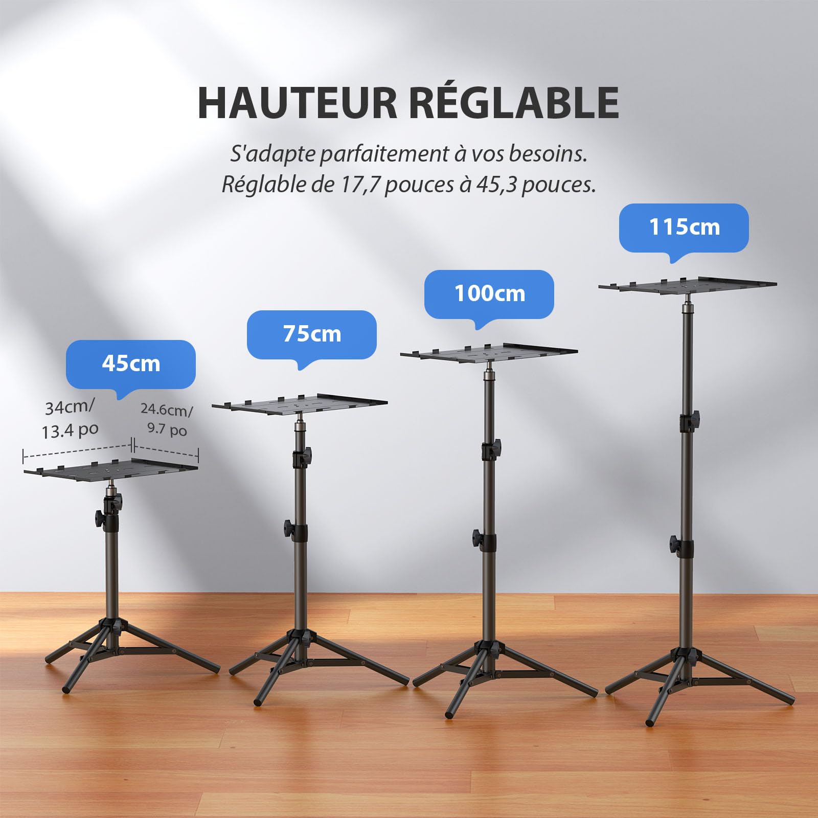 Support pour Projecteur, Trepied Videoprojecteur, Hauteur Réglable de 45 cm à 115 cm, Avec Plaque Pliante, Charge de 10 kg, Films en Plein Air et Camping