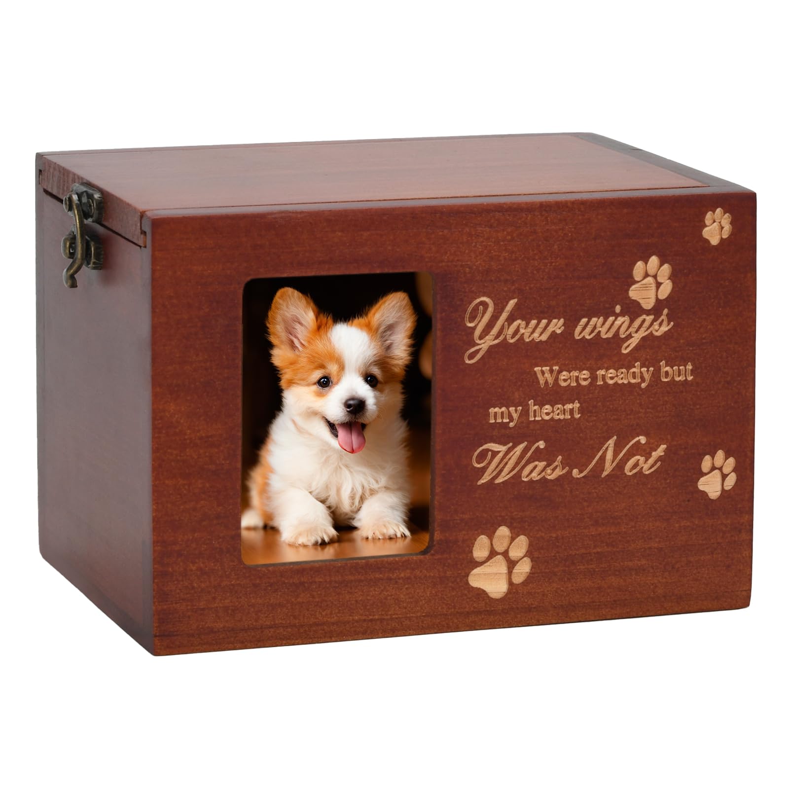 Pet Memorial Urns for Dog or Cat Ashes, Large Wooden Funeral Cremation Urns with Photo Frame, Keepsake Memory Box with Flannel Lining, Sympathy Gift for Pet Lovers (Brown)