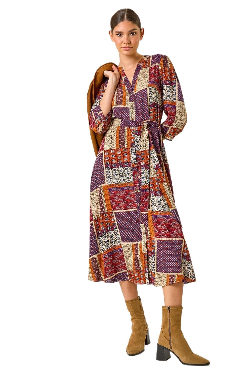 Roman Originals Women's Wine Shirt Dress For Uk- Long Sleeve Belted Collared Midi Maxi Winter Autumn Smart Casual Button Through Evening Office A Line Swing Skater - Size 18