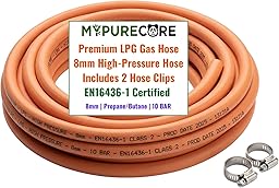 MYPURECORE 8mm LPG Gas Hose Pipe with 2 Clips – EN16436-1 High Pressure Propane & Butane Gas Hose for BBQ, Patio Heater, Caravan, Camping Cooker & Gas Bottle – Orange LPG Hose (4m (8mm))