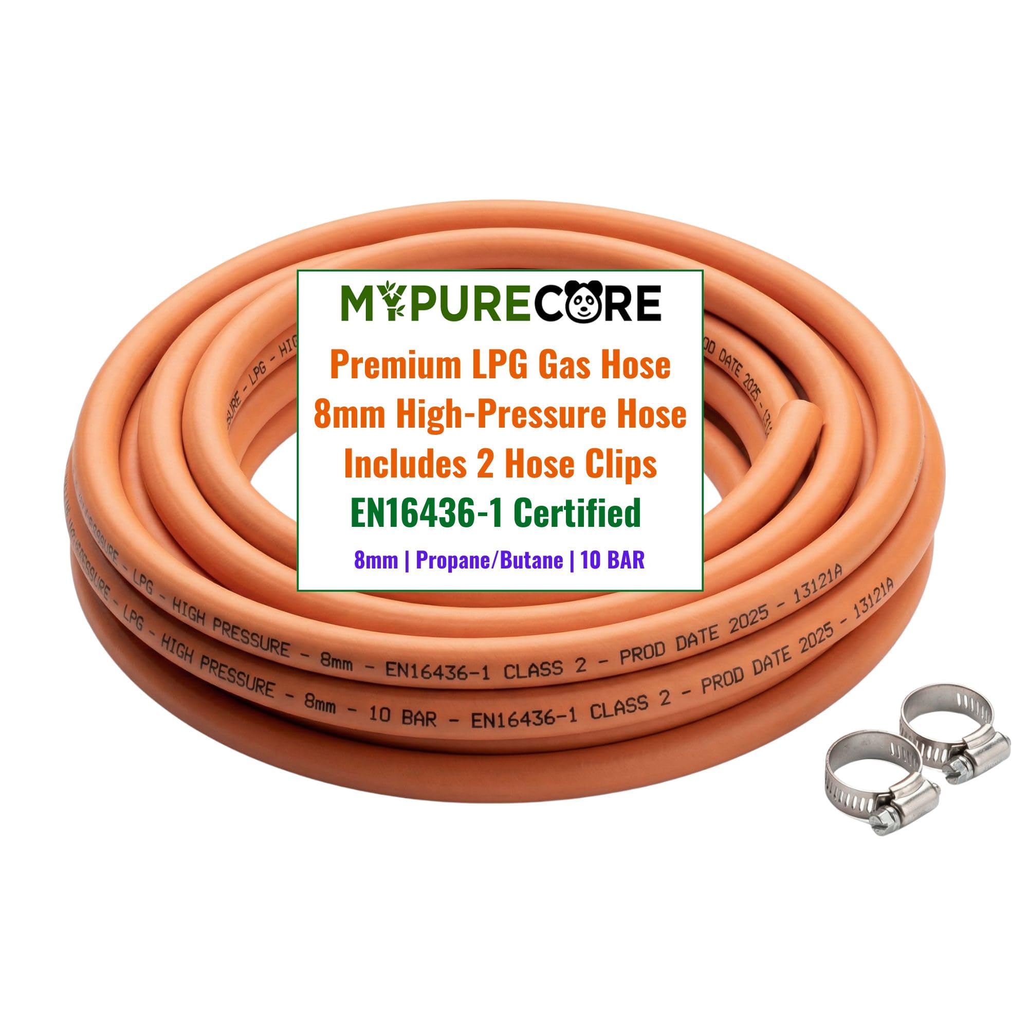 MYPURECORE 8mm LPG Gas Hose Pipe with 2 Clips – EN16436-1 High Pressure Propane & Butane Gas Hose for BBQ, Patio Heater, Caravan, Camping Cooker & Gas Bottle – Orange LPG Hose (4m (8mm)) - 1